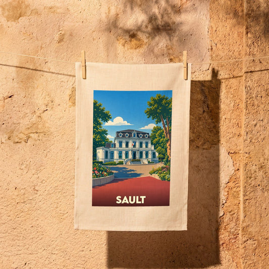 Torchon souvenir de la ville de Sault illustré d'un manoir élégant dans un style affiche de voyage rétro.