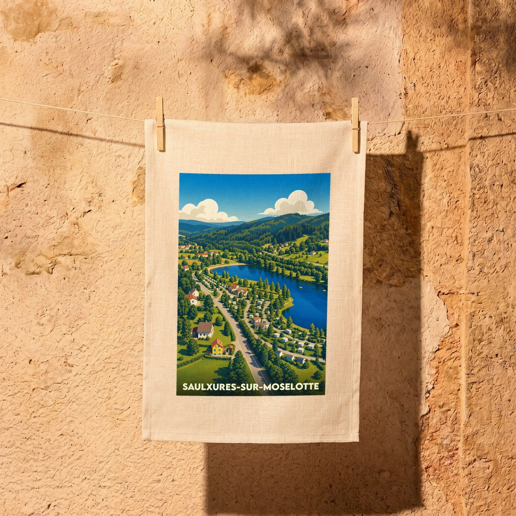 Torchon souvenir de la ville de Saulxures-sur-Moselotte illustrant un paysage de vallée montagneuse avec son lac.