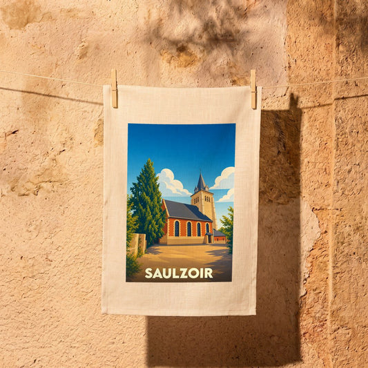 Torchon souvenir de la ville de Saulzoir orné d'une illustration stylisée de son église.
