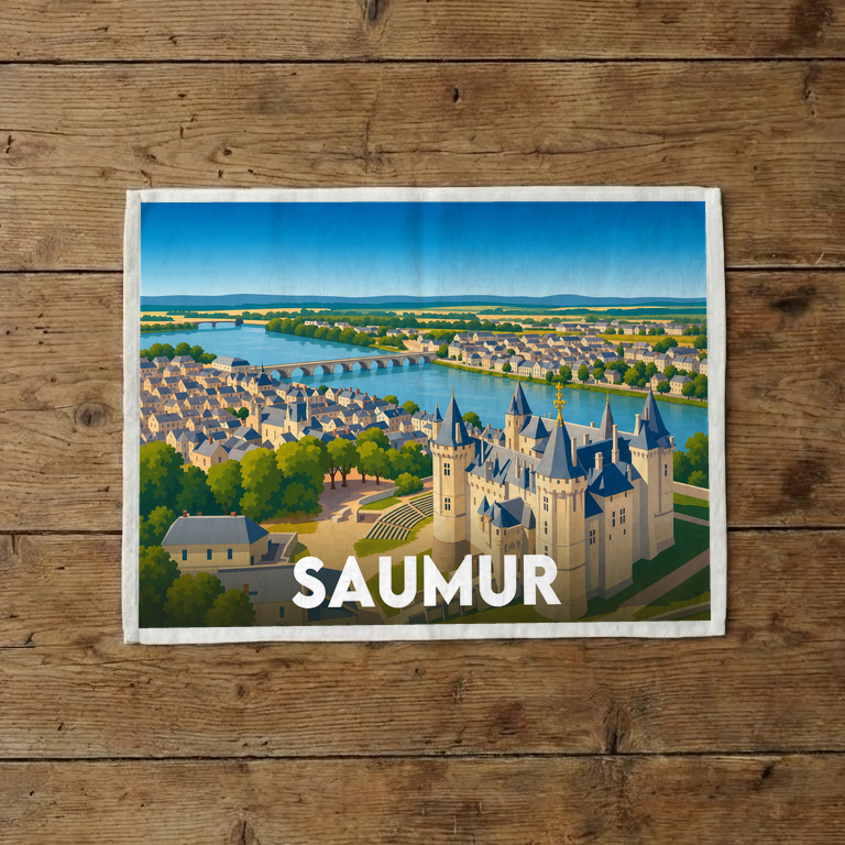 Torchon souvenir de la ville de Saumur orné d'une illustration stylisée de son château et du fleuve.