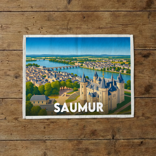 Torchon souvenir de la ville de Saumur orné d'une illustration stylisée de son château et du fleuve.