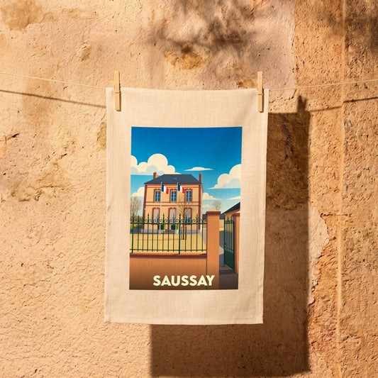 Torchon souvenir de la ville de Saussay avec une illustration stylisée.