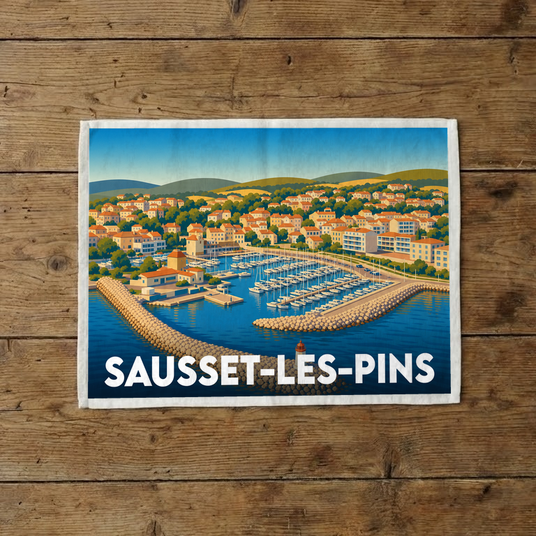 Torchon souvenir de la ville de Sausset-les-Pins illustrant son port de plaisance dans un style rétro.
