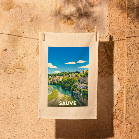 Torchon souvenir de la ville de Sauve illustré d'un paysage pittoresque en bord de rivière.