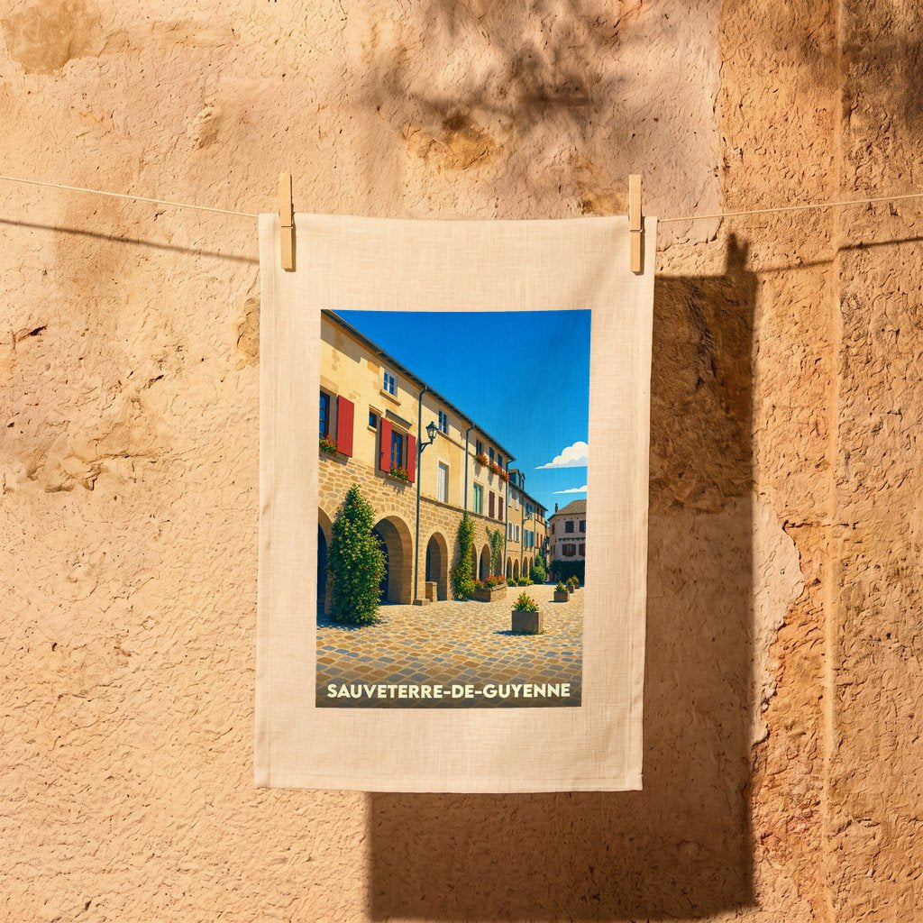 Torchon souvenir de la ville de Sauveterre-de-Guyenne illustré d'une place historique aux arcades ensoleillées.