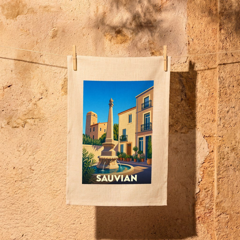 Torchon souvenir de la ville de Sauvian avec une illustration stylisée d'une place ensoleillée et de sa fontaine.