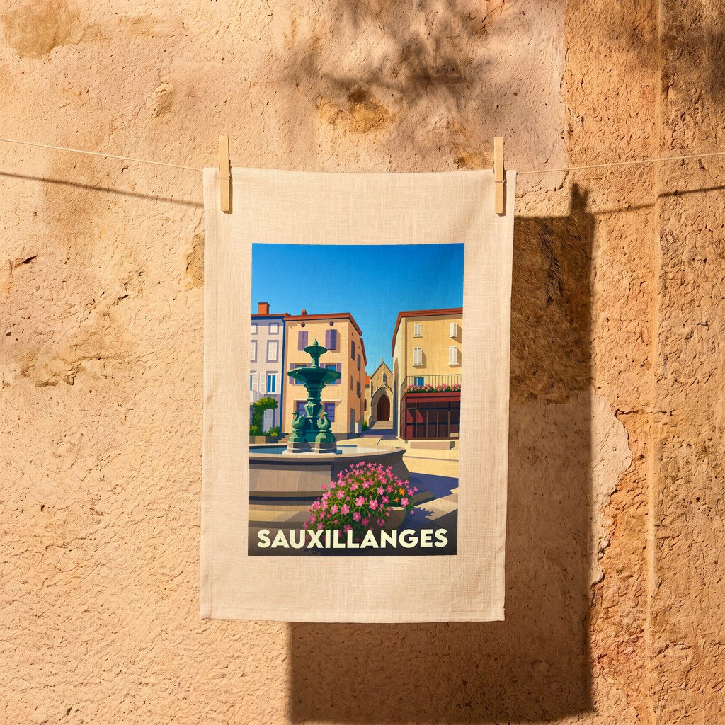 Torchon souvenir de la ville de Sauxillanges orné d'une illustration stylisée représentant une place avec sa fontaine.