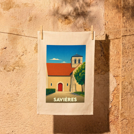 Torchon souvenir de la ville de Savières avec une illustration stylisée de son église.