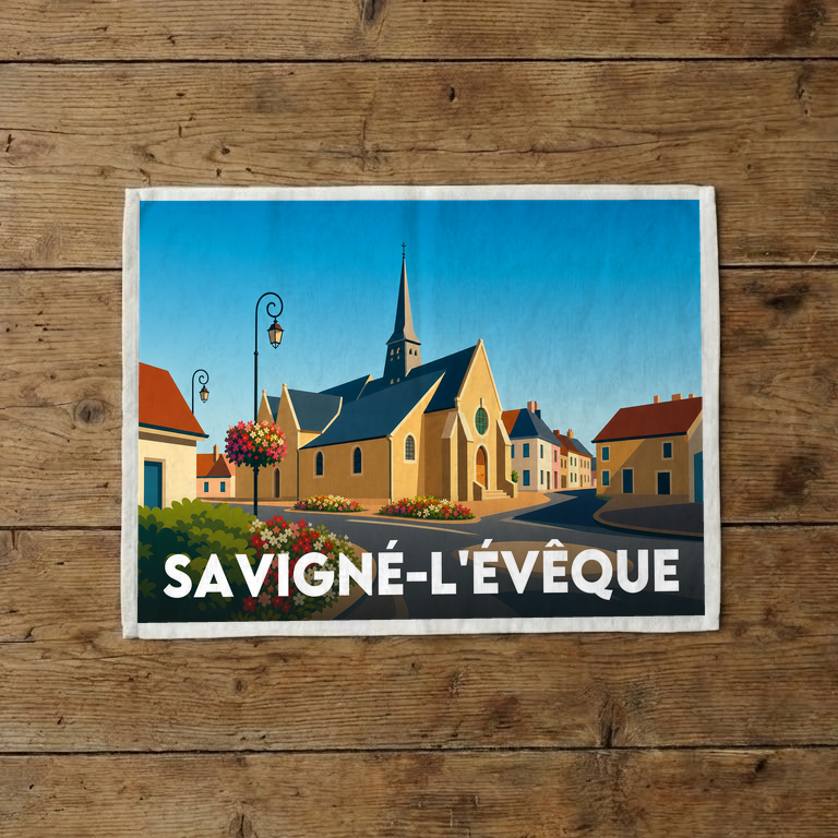 Torchon souvenir de la ville de Savigné-l'Évêque avec une illustration stylisée.