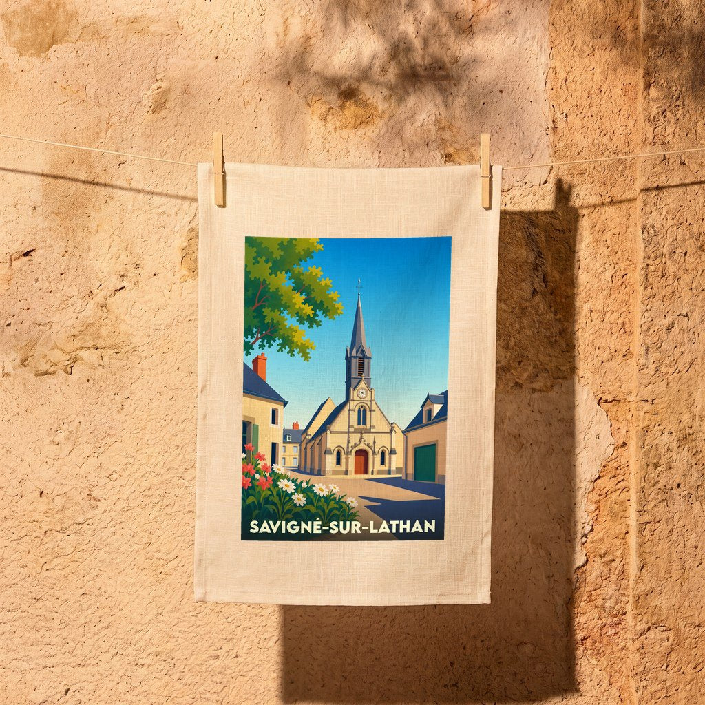 Torchon souvenir de la ville de Savigné-sur-Lathan avec une illustration stylisée de son église.