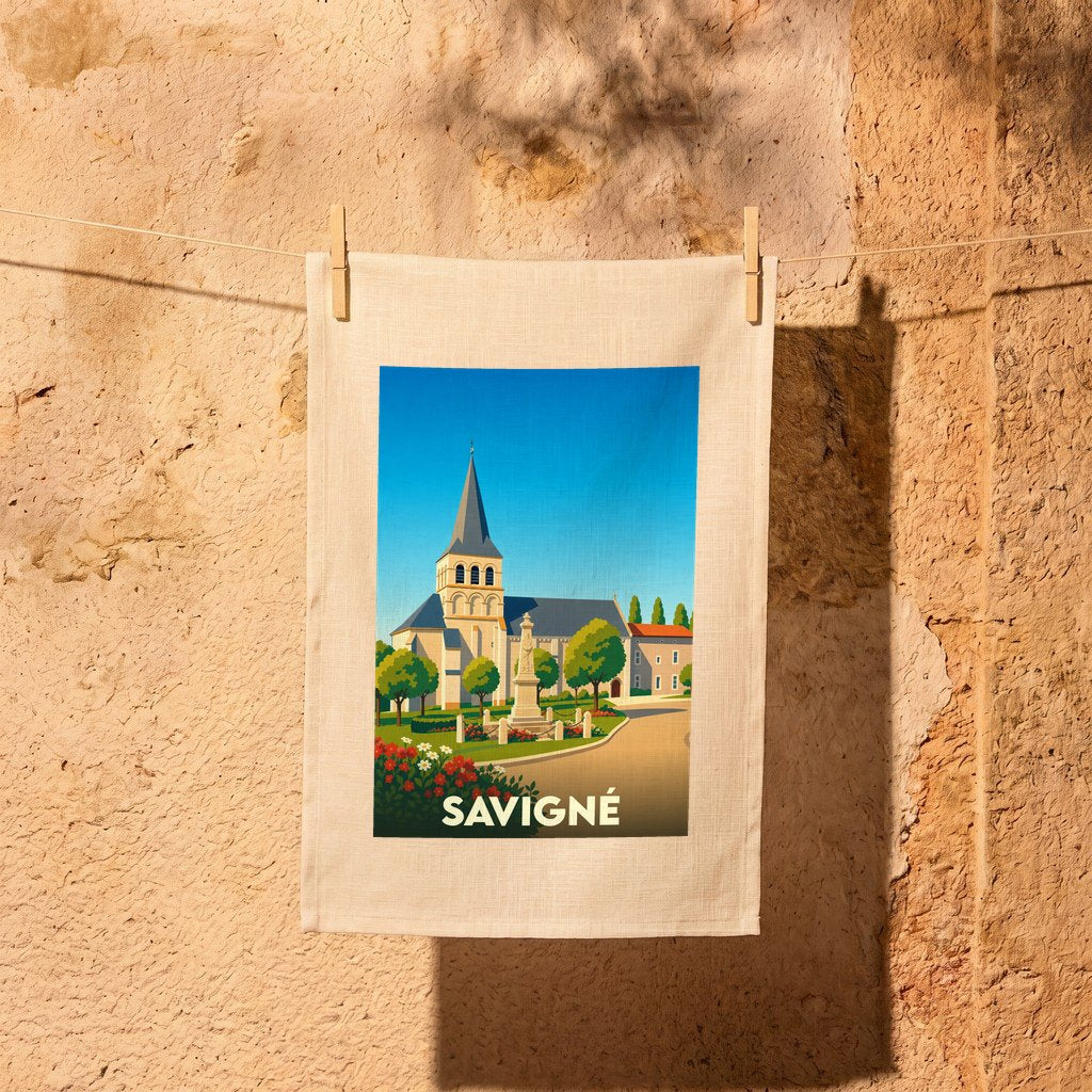 Torchon souvenir de la ville de Savigné avec une illustration stylisée.