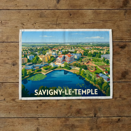Torchon souvenir de la ville de Savigny-le-Temple avec une illustration stylisée de son paysage urbain et de son lac.
