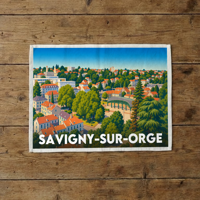 Torchon souvenir de la ville de Savigny-sur-Orge avec une illustration panoramique stylisée.