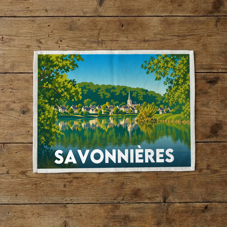 Torchon souvenir de la ville de Savonnières avec une illustration stylisée.