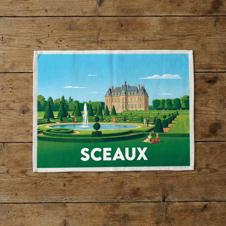 Torchon souvenir de la ville de Sceaux avec une illustration stylisée de son château et de ses jardins.