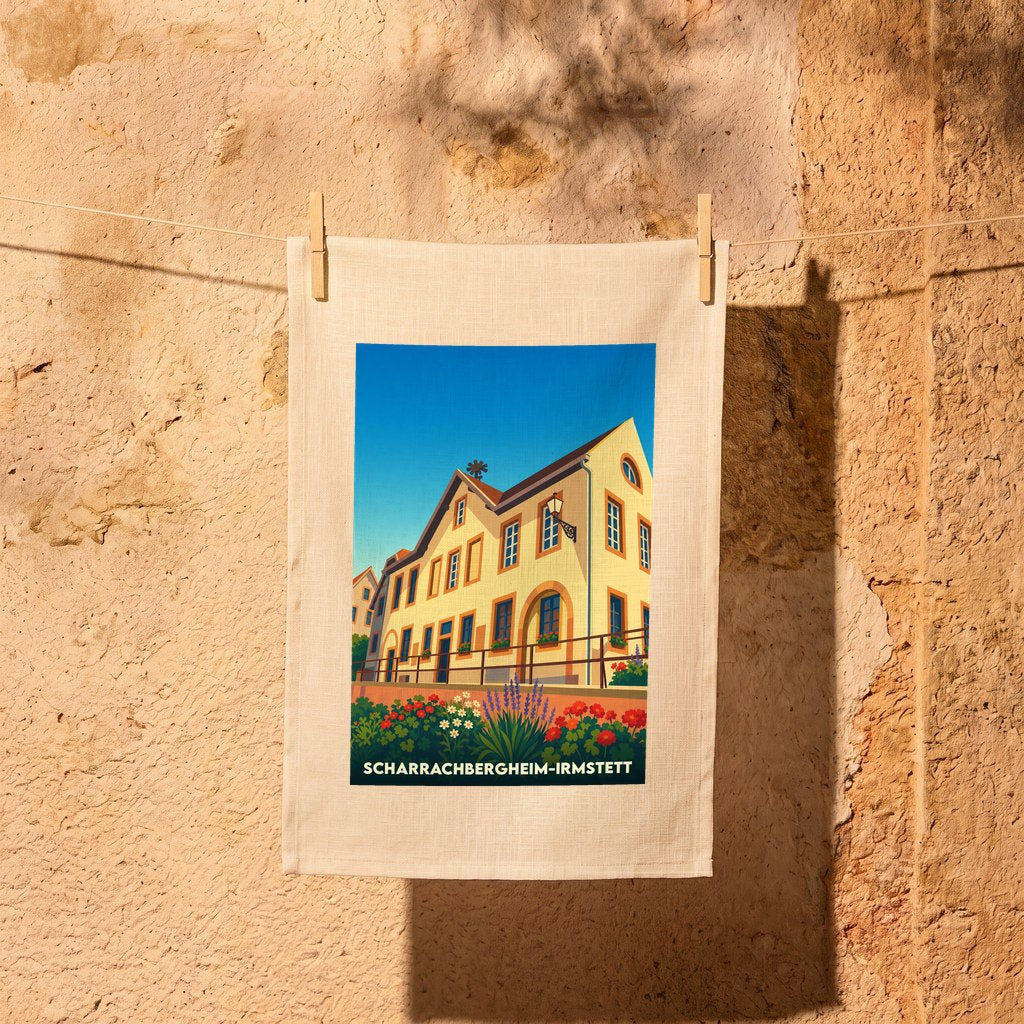 Torchon souvenir de la ville de Scharrachbergheim-Irmstett avec une illustration stylisée.