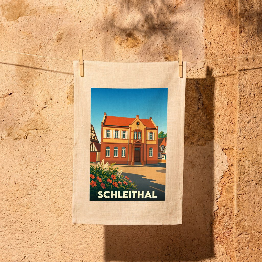 Torchon souvenir de la ville de Schleithal avec une illustration stylisée.