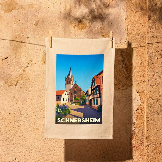 Torchon souvenir de la ville de Schnersheim avec une illustration stylisée.
