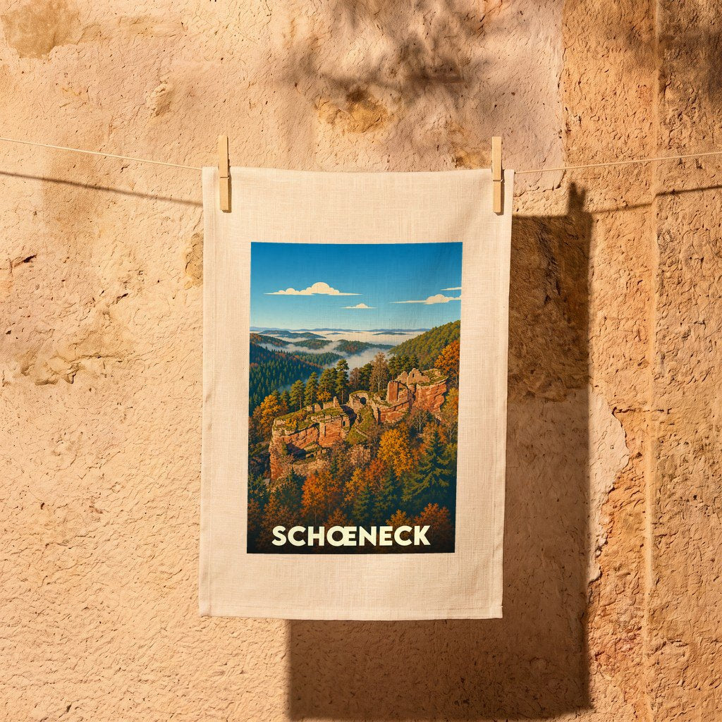 Torchon de cuisine souvenir de la ville de Schœneck illustré d'un paysage automnal stylisé.