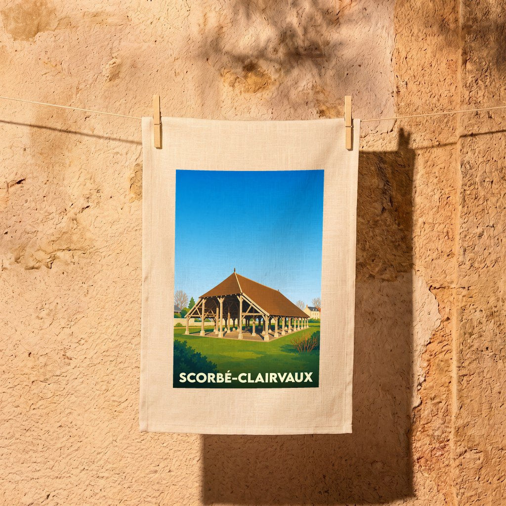 Torchon souvenir de la ville de Scorbé-Clairvaux avec une illustration stylisée de ses halles historiques.