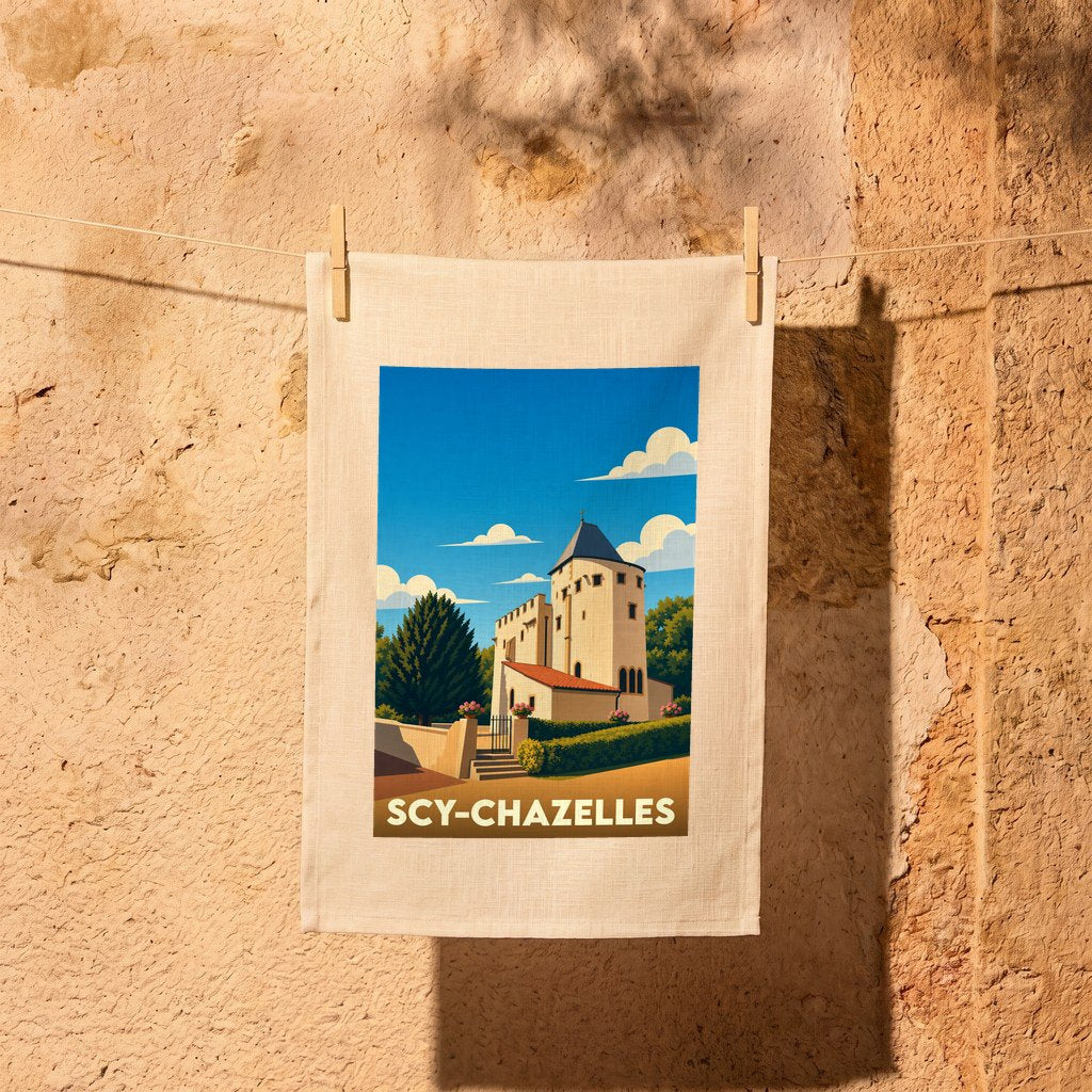 Torchon souvenir de la ville de Scy-Chazelles illustré par un dessin stylisé de son église fortifiée.