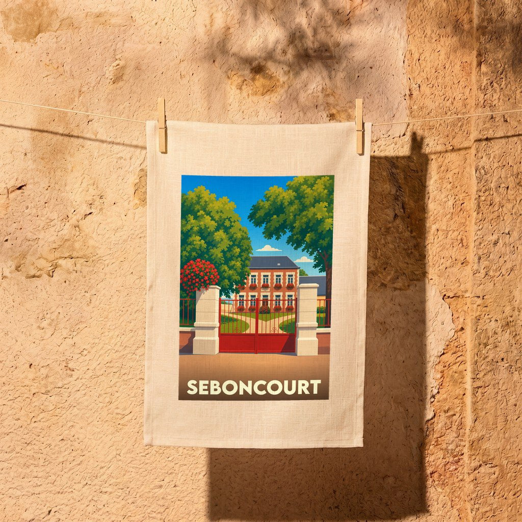 Torchon souvenir de la ville de Seboncourt illustrant une élégante propriété avec son portail rouge.