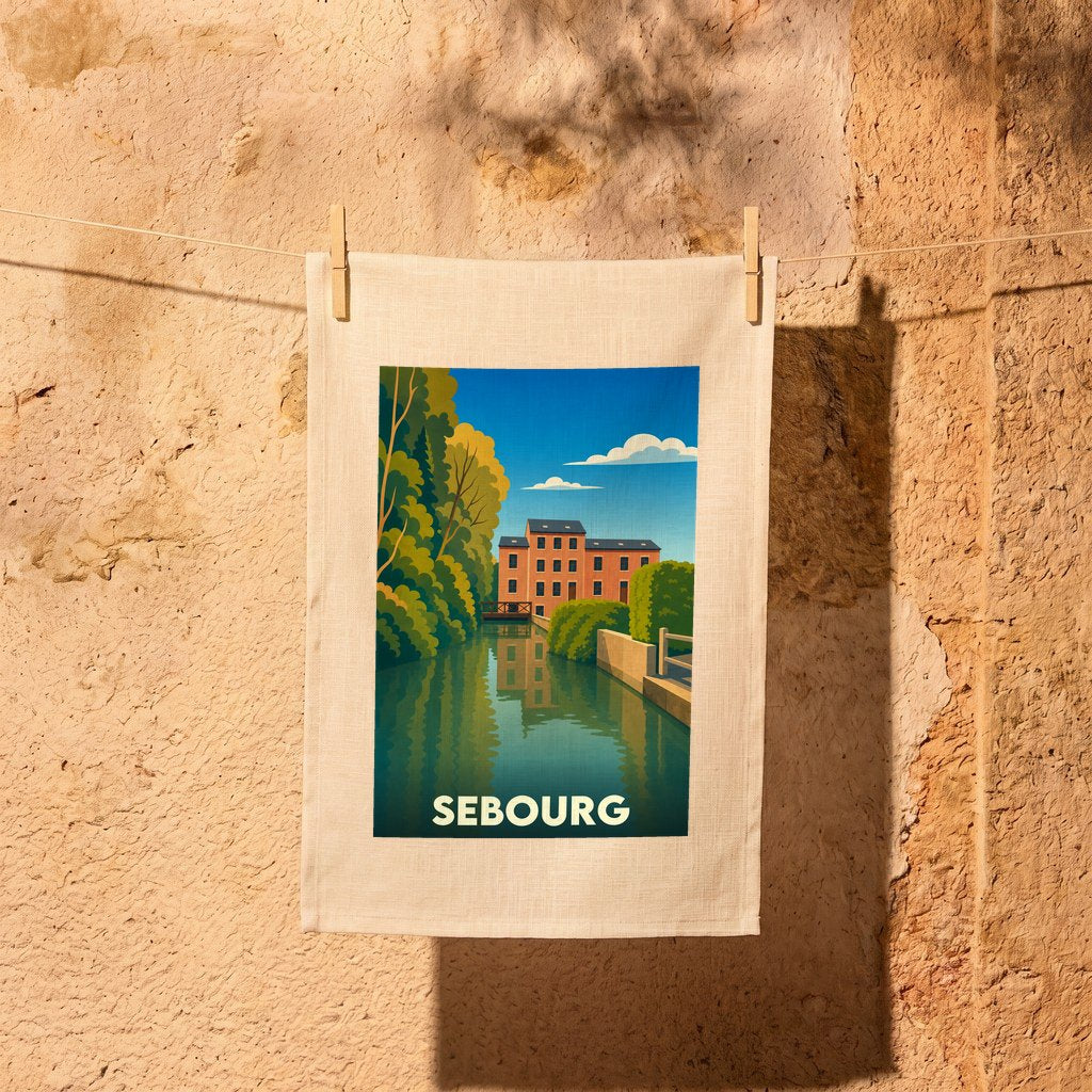 Torchon souvenir de la ville de Sebourg illustré d'un paysage stylisé représentant un moulin au bord de l'eau.