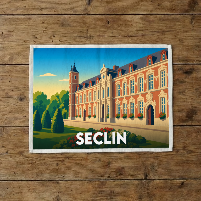 Torchon souvenir de la ville de Seclin avec une illustration stylisée d'un bâtiment historique en briques rouges.