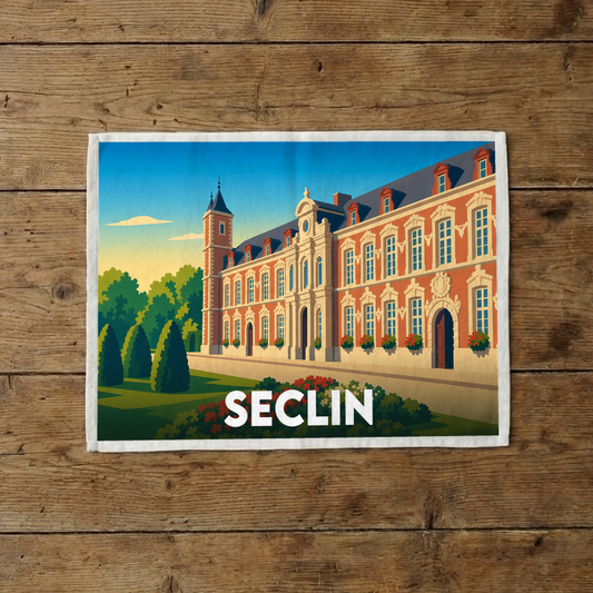 Torchon souvenir de la ville de Seclin avec une illustration stylisée d'un bâtiment historique en briques rouges.