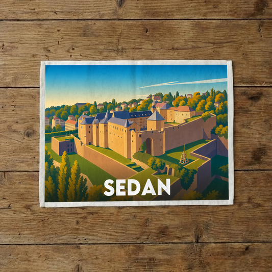 Torchon souvenir de la ville de Sedan avec une illustration stylisée de son château fort.