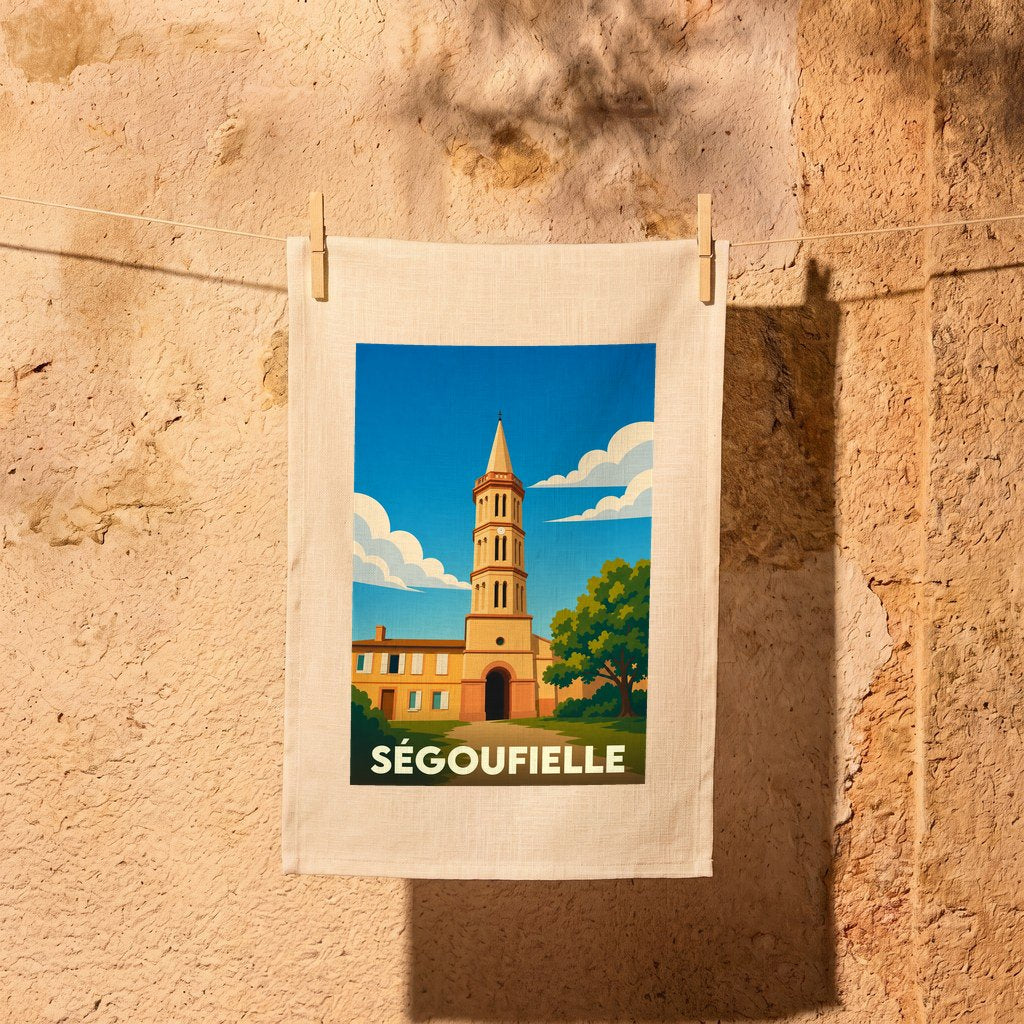 Torchon souvenir de la ville de Ségoufielle avec une illustration stylisée de son église.