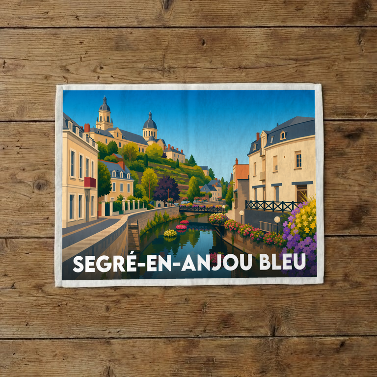 Torchon souvenir de la ville de Segré-en-Anjou Bleu avec une illustration paysagère stylisée.
