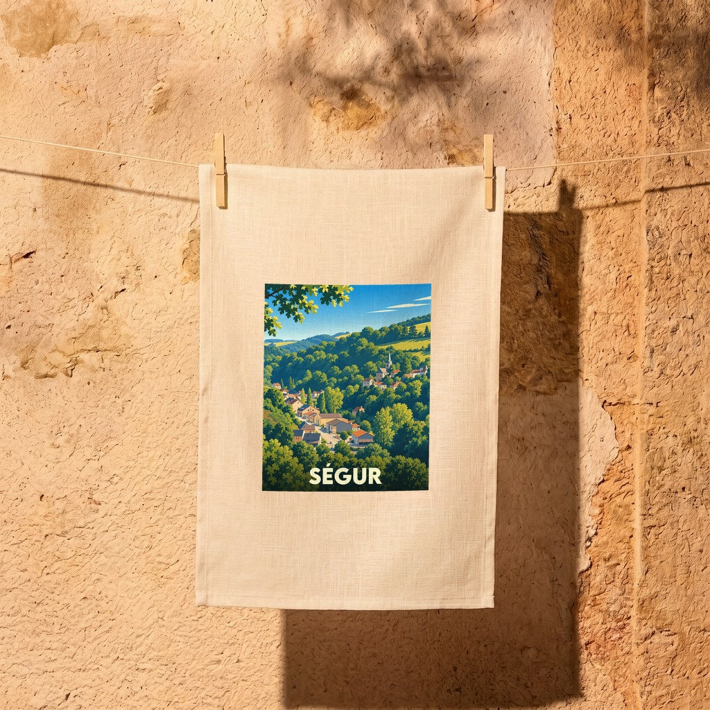 Torchon souvenir de la ville de Ségur avec une illustration stylisée de ses paysages vallonnés.