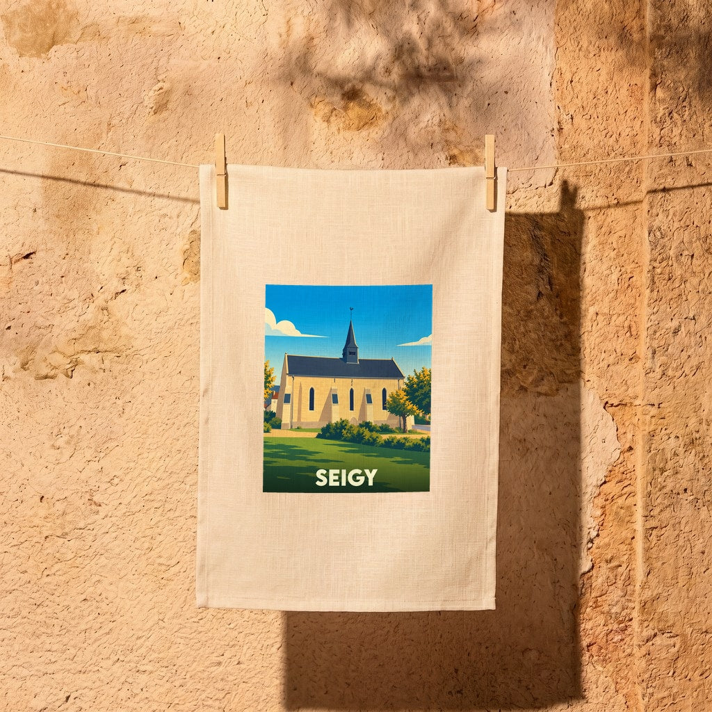 Torchon souvenir de la ville de Seigy avec une illustration stylisée d'une église sous un ciel bleu.