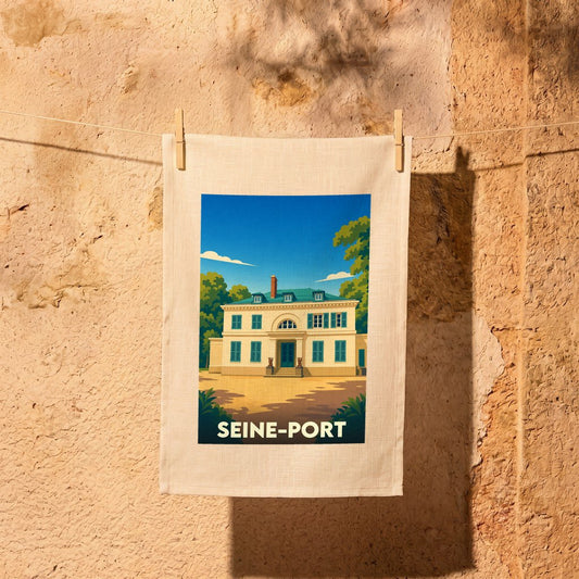Torchon souvenir de la ville de Seine-Port avec une illustration stylisée d'une demeure historique.