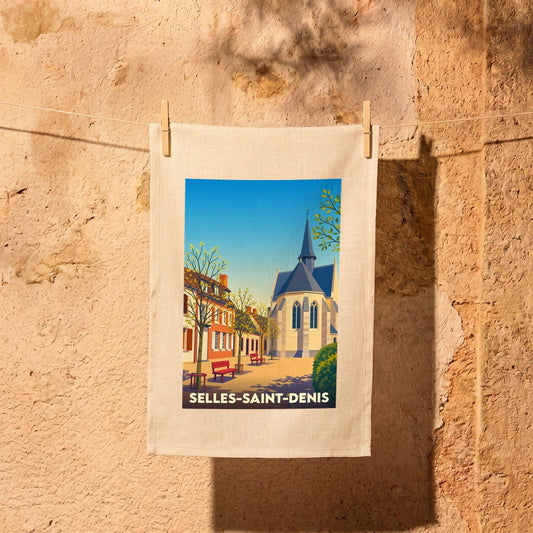 Torchon souvenir de la ville de Selles-Saint-Denis avec une illustration stylisée.