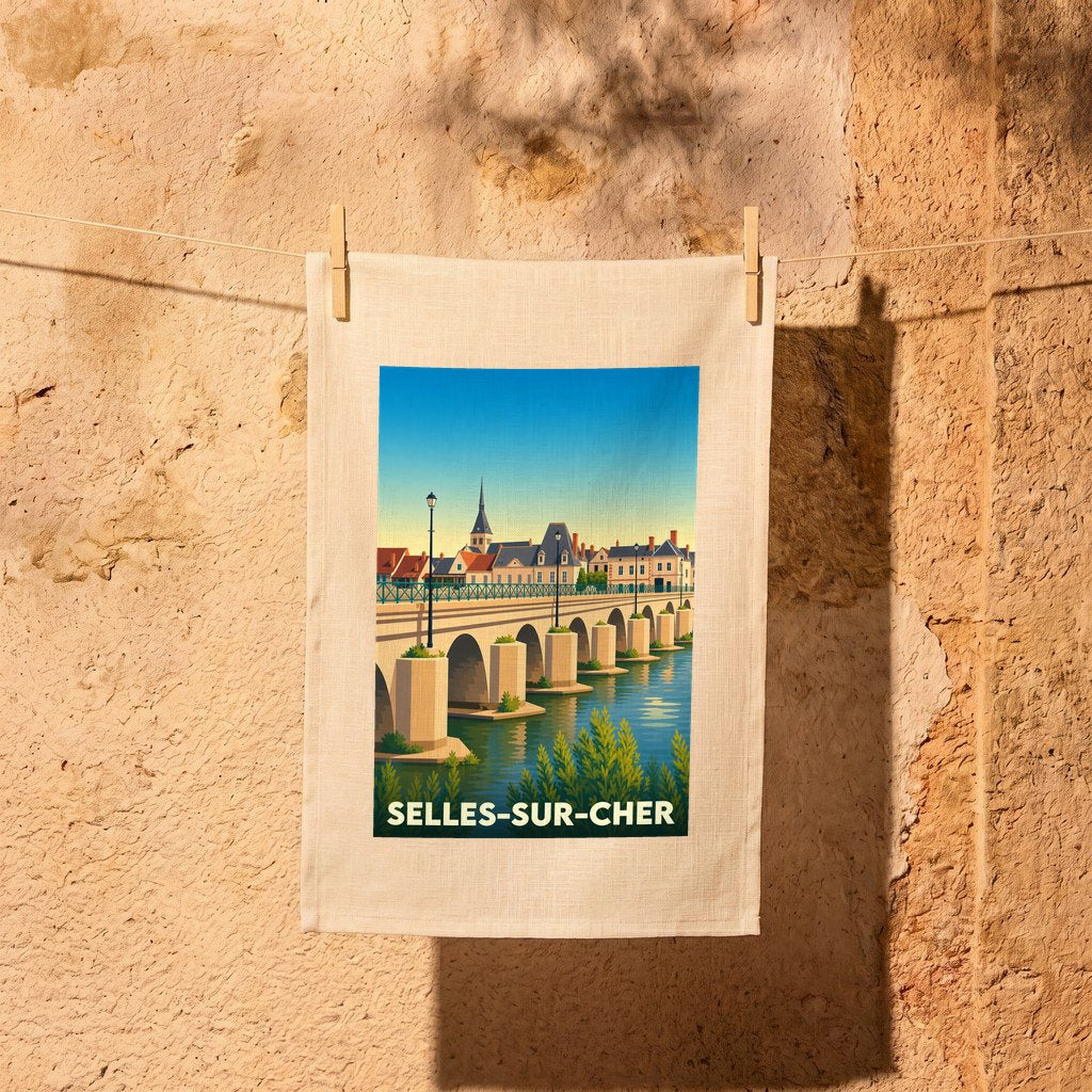 Torchon souvenir de la ville de Selles-sur-Cher avec une illustration stylisée de son pont et de ses monuments.