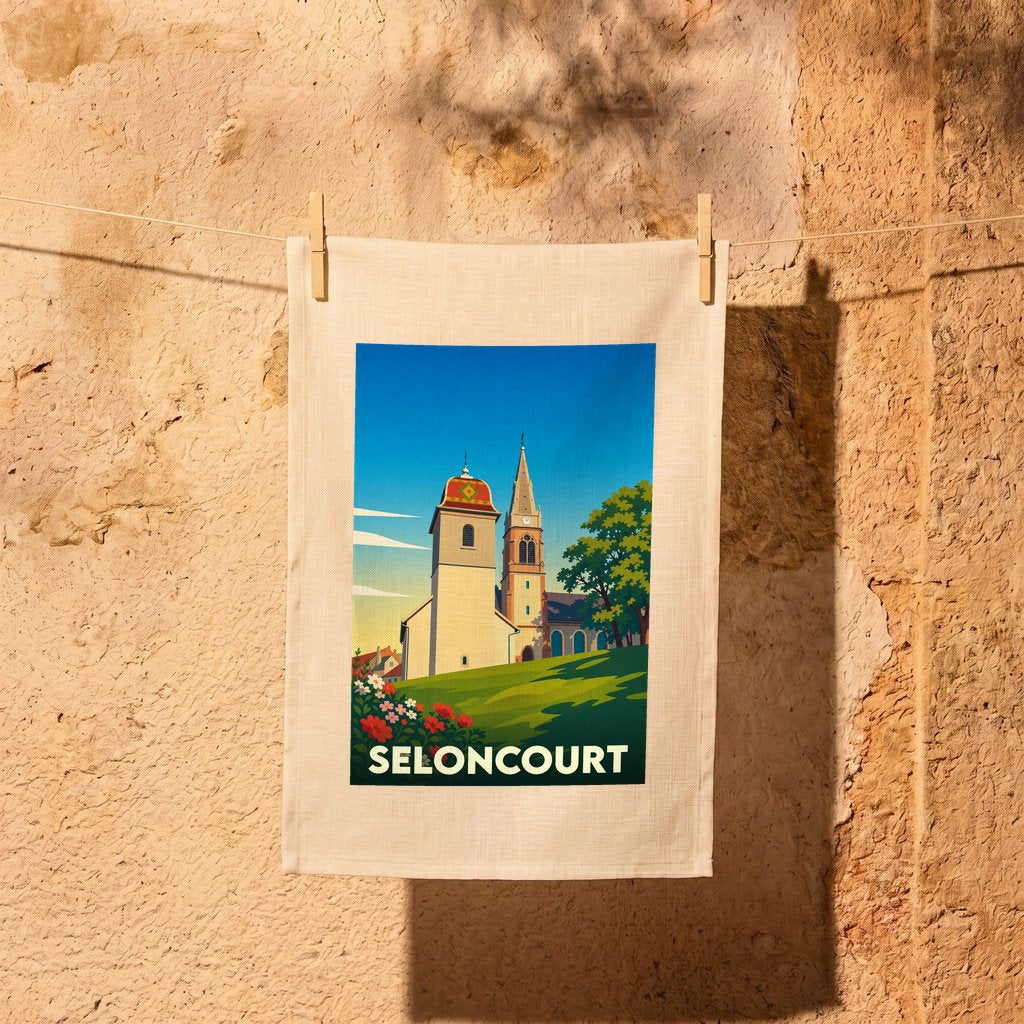 Torchon souvenir de la ville de Seloncourt avec une illustration stylisée de son église sur un fond de paysage verdoyant.