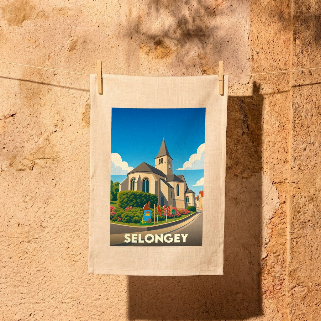 Torchon souvenir de la ville de Selongey orné d'une illustration stylisée de son église.