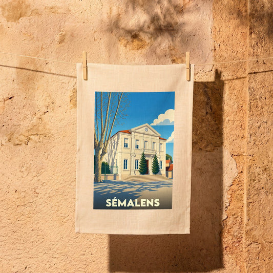 Torchon souvenir de la ville de Sémalens illustré d'un dessin stylisé de sa mairie.