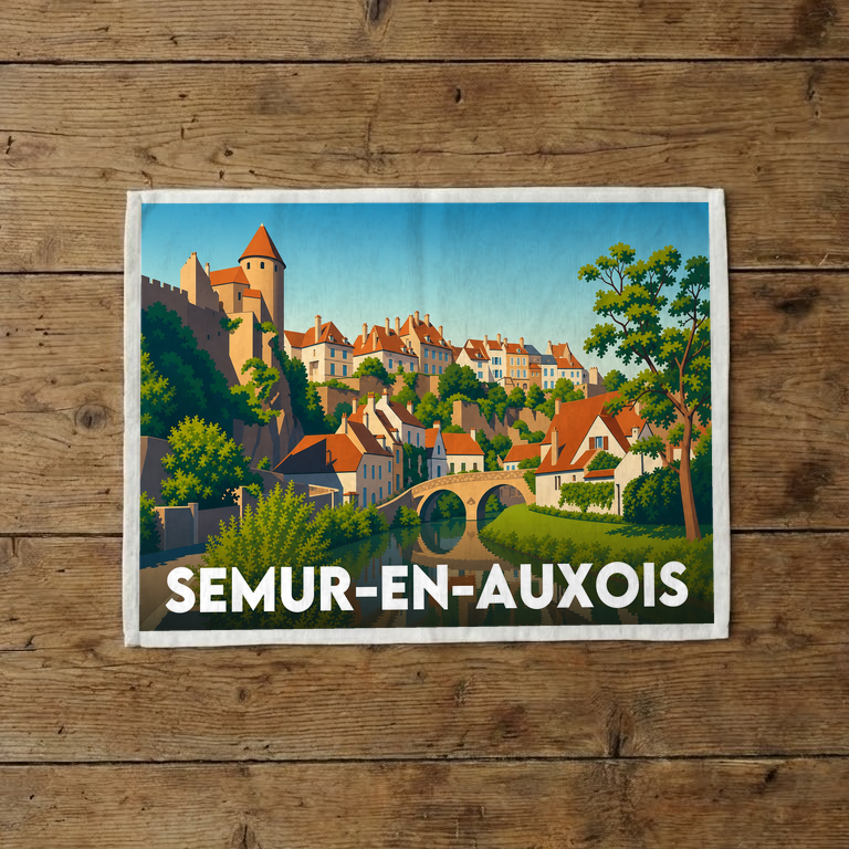Torchon souvenir de la ville de Semur-en-Auxois avec une illustration stylisée.