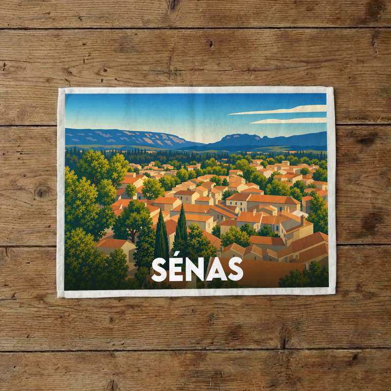 Torchon souvenir de la ville de Sénas illustré d'un paysage provençal stylisé.