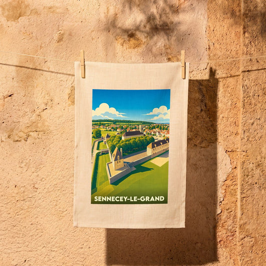 Torchon souvenir de la ville de Sennecey-le-Grand avec une illustration stylisée.