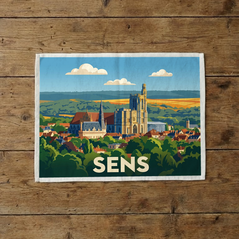 Torchon souvenir de la ville de Sens avec une illustration stylisée.