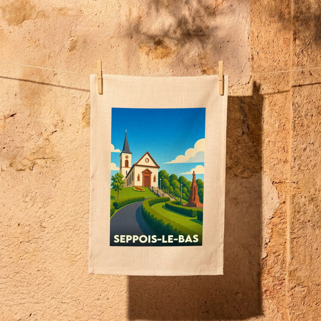 Torchon souvenir de la ville de Seppois-le-Bas avec une illustration stylisée d'une église et d'un monument.