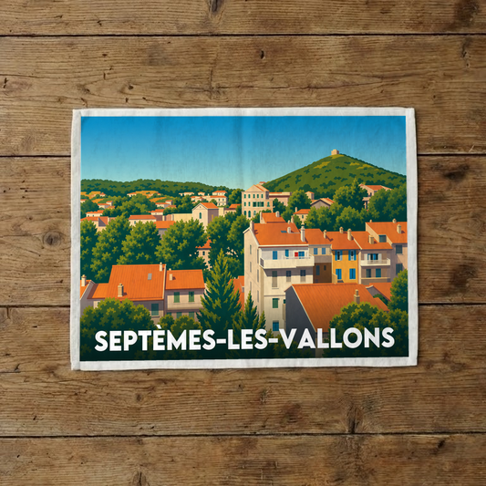 Torchon souvenir de la ville de Septèmes-les-Vallons avec une illustration stylisée.
