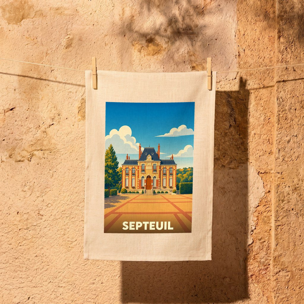 Torchon souvenir de la ville de Septeuil illustré d'un château de style classique sous un ciel azur.
