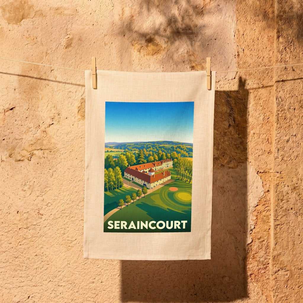 Torchon souvenir de la ville de Seraincourt orné d'une illustration stylisée de son paysage et de son château.