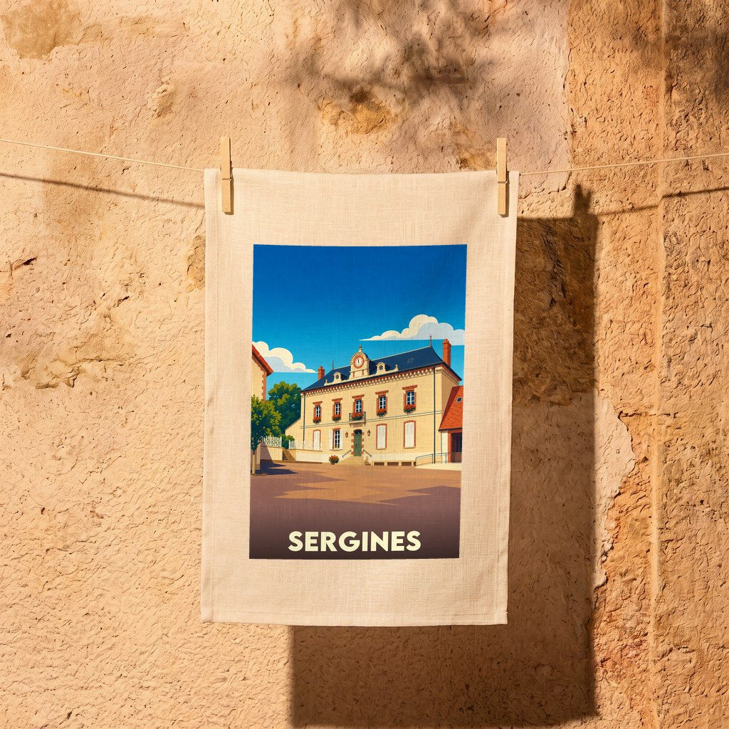 Torchon souvenir de la ville de Sergines avec une illustration stylisée de son hôtel de ville.