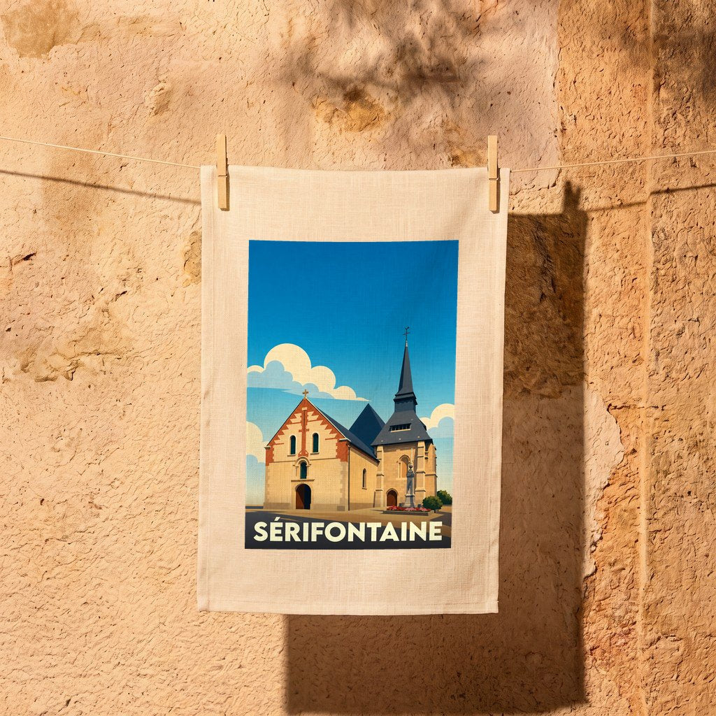 Torchon souvenir de la ville de Sérifontaine avec une illustration stylisée de son église.